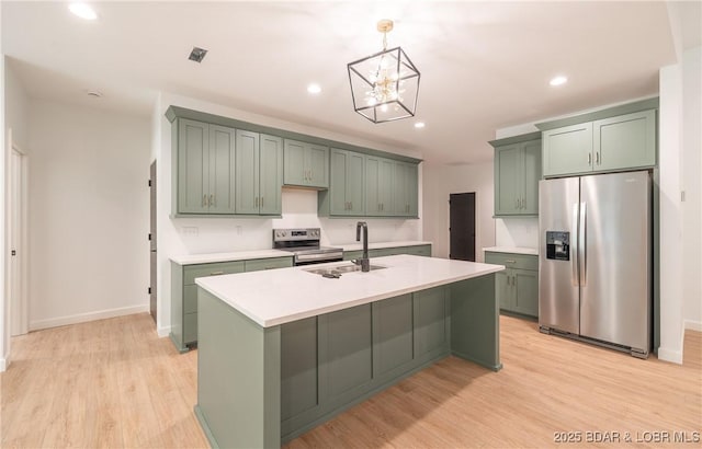 370 Via Appia Dr, Sunrise Beach, MO 65079 - kitchen featuring stainless steel appliances, green cabinets, light wood-type flooring, light countertops, and a chandelier