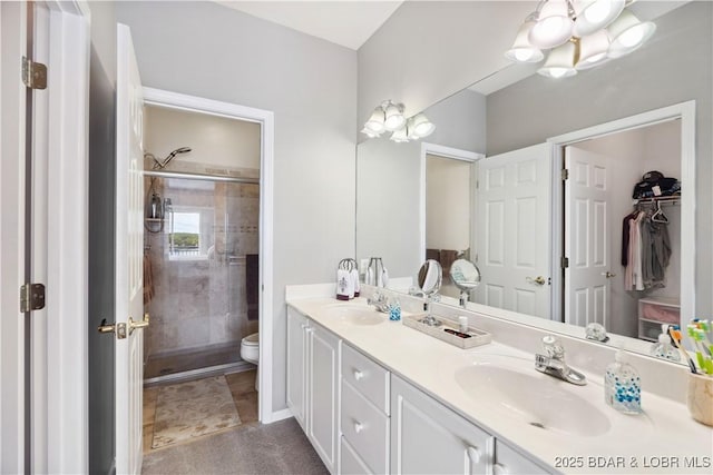 72 Palisades Lake View Dr Unit 2B, Lake Ozark, MO 65049 - full bathroom with double vanity, a stall shower, a chandelier, and a walk in closet