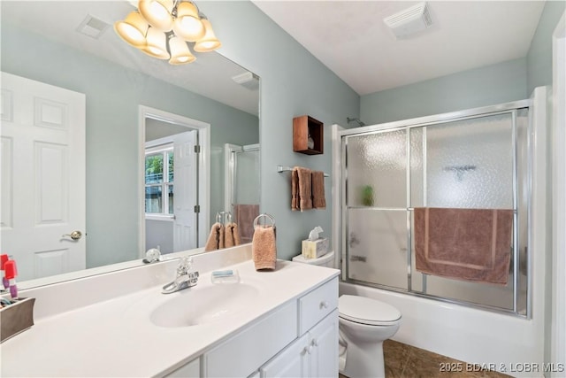 72 Palisades Lake View Dr Unit 2B, Lake Ozark, MO 65049 - bathroom with vanity, a chandelier, tile patterned floors, and combined bath / shower with glass door