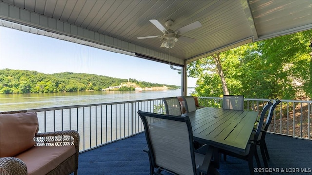 150 Trigger Rd, Linn Creek, MO 65052 - wooden deck featuring ceiling fan, a water view, and a forest view