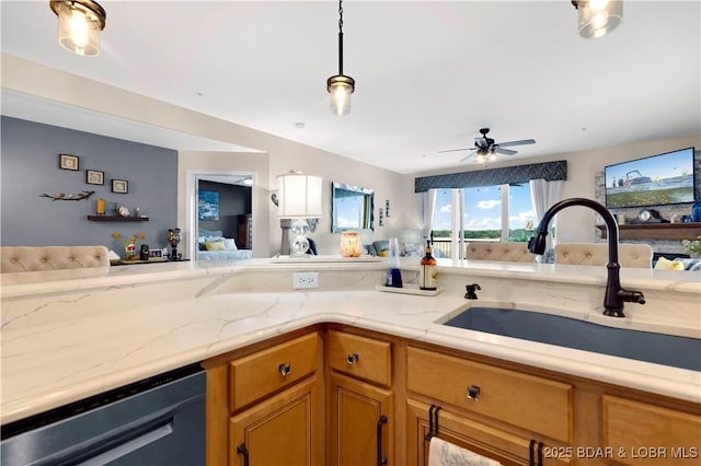 18132 Millstone Cove Rd Unit 334, Gravois Mills, MO 65037 - kitchen with dishwasher, open floor plan, a ceiling fan, light stone countertops, and brown cabinets