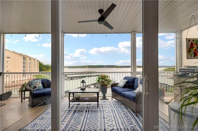18132 Millstone Cove Rd Unit 334, Gravois Mills, MO 65037 - wooden deck featuring a water view and a ceiling fan
