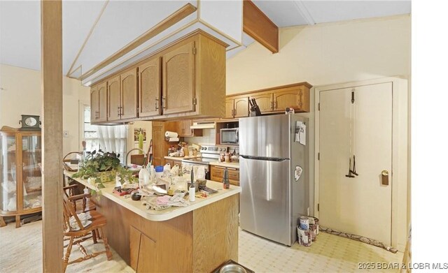 333 Crane Cove Rd, Sunrise Beach, MO 65079 - kitchen with stainless steel appliances, light countertops, a kitchen breakfast bar, and under cabinet range hood