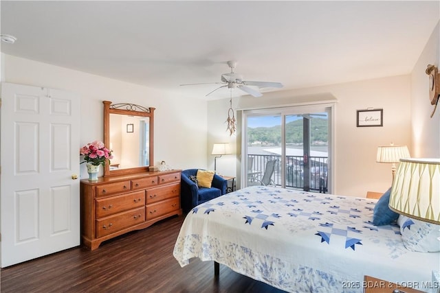 686 Clearwater Dr Unit 2C, Camdenton, MO 65020 - bedroom featuring access to exterior, dark wood finished floors, and a ceiling fan