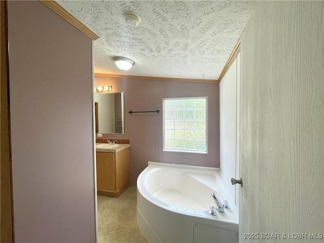 4712 Camden Line Rd, Lebanon, MO 65536 - full bathroom with crown molding, vanity, a garden tub, and a textured ceiling