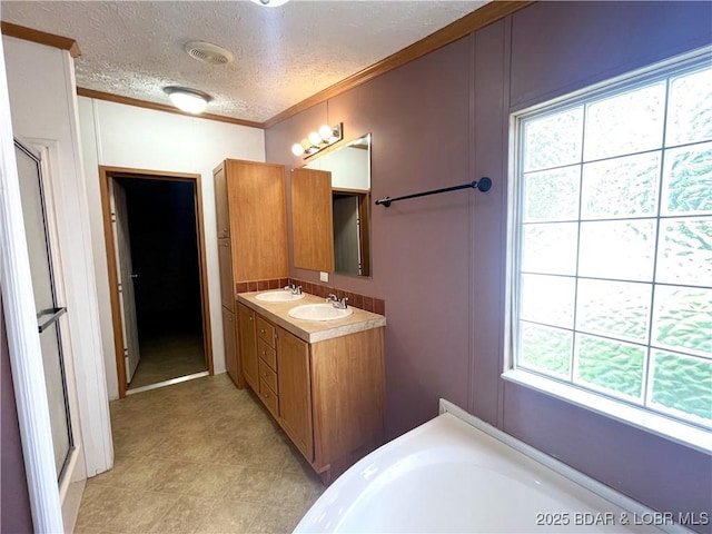 4712 Camden Line Rd, Lebanon, MO 65536 - full bath featuring double vanity, a garden tub, crown molding, a shower with door, and a textured ceiling