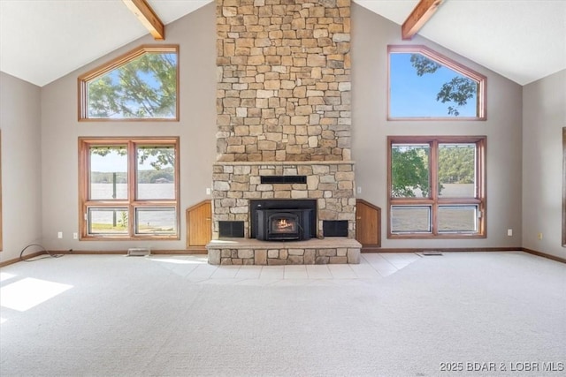948 Cable Point Dr, Climax Springs, MO 65324 - unfurnished living room with high vaulted ceiling, beam ceiling, carpet flooring, and a fireplace