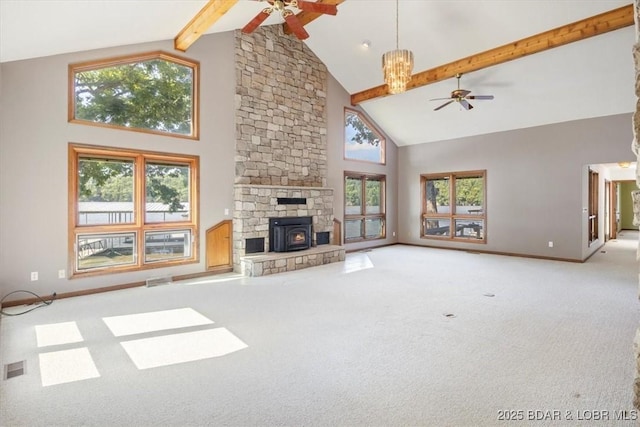 948 Cable Point Dr, Climax Springs, MO 65324 - unfurnished living room featuring ceiling fan, high vaulted ceiling, carpet, beam ceiling, and a fireplace