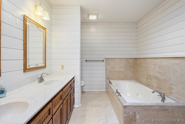 948 Cable Point Dr, Climax Springs, MO 65324 - bathroom featuring a whirlpool tub, double vanity, and wood walls