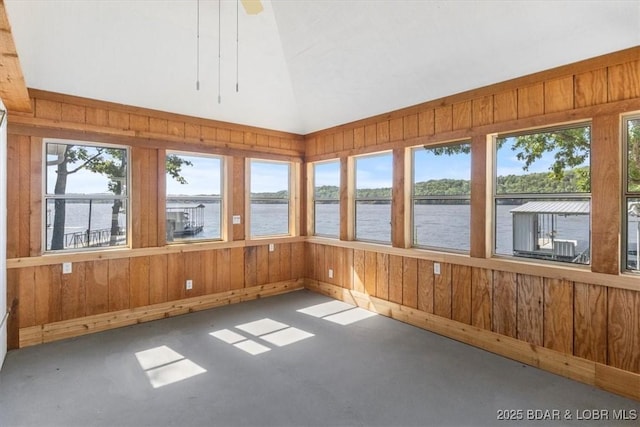 948 Cable Point Dr, Climax Springs, MO 65324 - unfurnished sunroom with wood walls, a water view, lofted ceiling, and carpet floors