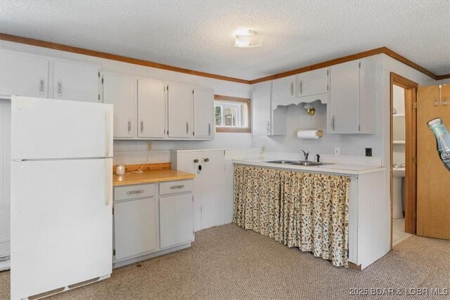948 Cable Point Dr, Climax Springs, MO 65324 - kitchen featuring freestanding refrigerator, light carpet, ornamental molding, a textured ceiling, and light countertops