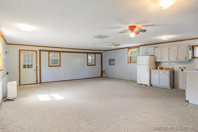 948 Cable Point Dr, Climax Springs, MO 65324 - unfurnished living room with crown molding, light carpet, a textured ceiling, a ceiling fan, and plenty of natural light
