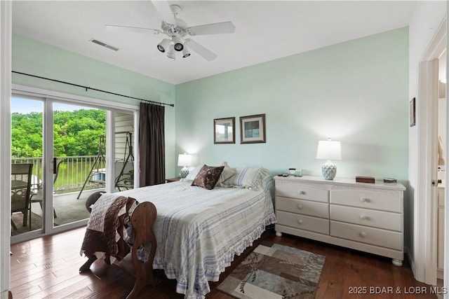 562 Hyd A Way Rd Unit 3F, Camdenton, MO 65020 - bedroom with access to outside, dark wood-type flooring, and ceiling fan