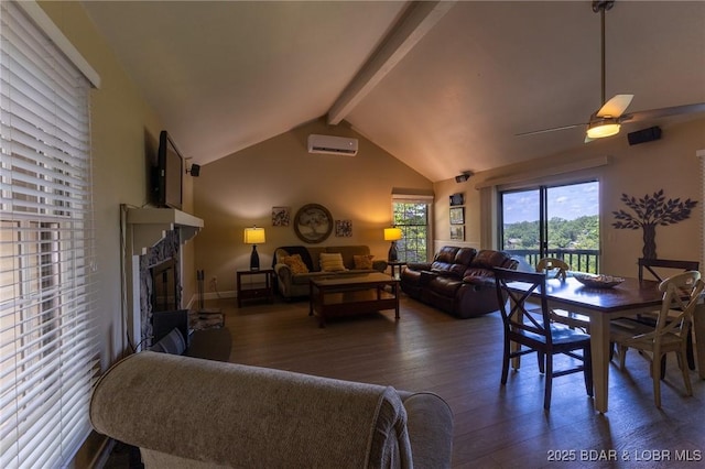 415 Staniel Cay Dr, Osage Beach, MO 65065 - living area with wood finished floors, a wall mounted air conditioner, a glass covered fireplace, and ceiling fan