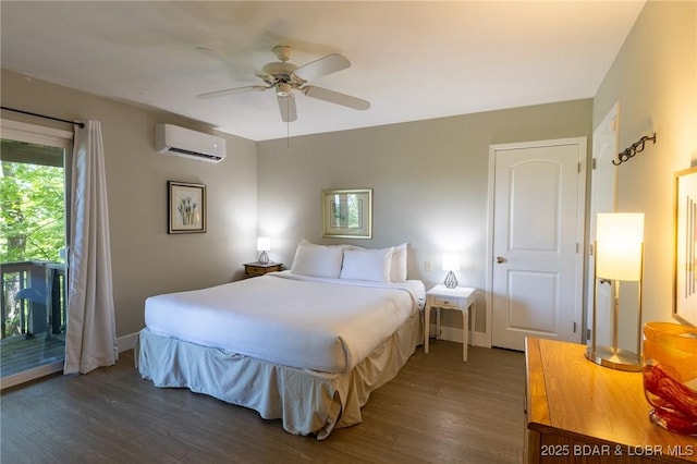 415 Staniel Cay Dr, Osage Beach, MO 65065 - bedroom featuring a wall mounted air conditioner, access to exterior, dark wood finished floors, and ceiling fan