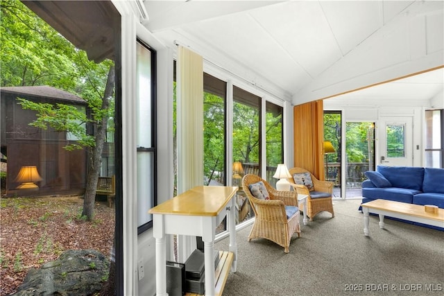 146 Tree Top Dr Unit 8, Four Seasons, MO 65049 - sunroom featuring plenty of natural light, carpet, and lofted ceiling
