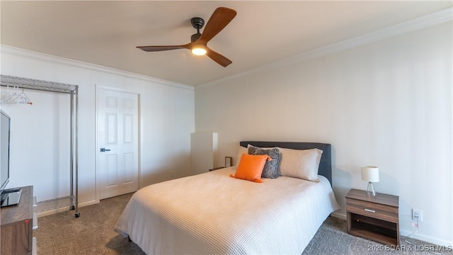 2268 Breezy Acres Rd, Osage Beach, MO 65065 - bedroom with carpet floors, ornamental molding, and ceiling fan