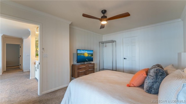 2268 Breezy Acres Rd, Osage Beach, MO 65065 - bedroom featuring light colored carpet, crown molding, and ceiling fan