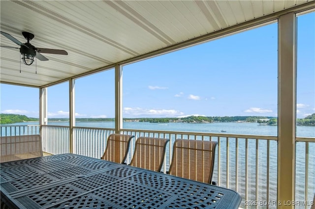 68 Lighthouse Rd Unit 906, Lake Ozark, MO 65049 - sunroom with outdoor dining area, a ceiling fan, and a water view