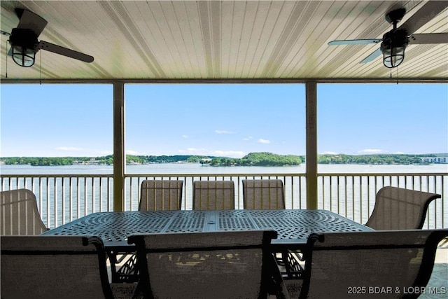 68 Lighthouse Rd Unit 906, Lake Ozark, MO 65049 - deck with ceiling fan, a water view, and outdoor dining area
