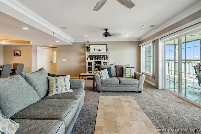 68 Lighthouse Rd Unit 906, Lake Ozark, MO 65049 - carpeted living area featuring ceiling fan, recessed lighting, and crown molding