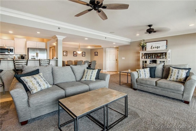 68 Lighthouse Rd Unit 906, Lake Ozark, MO 65049 - living room with a ceiling fan, crown molding, recessed lighting, carpet, and ornate columns