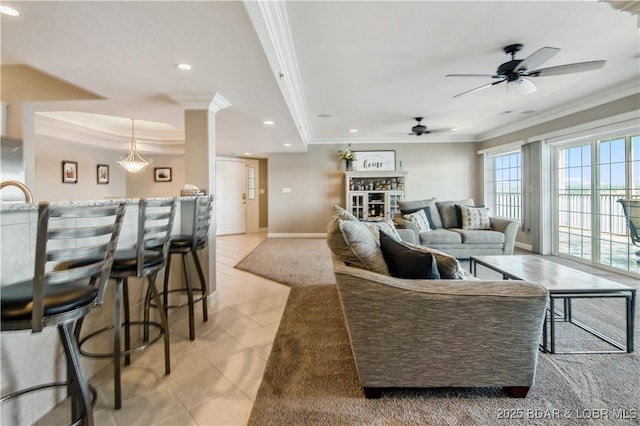 68 Lighthouse Rd Unit 906, Lake Ozark, MO 65049 - living area with ornamental molding, recessed lighting, a ceiling fan, and light tile patterned floors