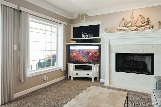 68 Lighthouse Rd Unit 906, Lake Ozark, MO 65049 - carpeted living area with crown molding and a fireplace