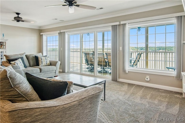 68 Lighthouse Rd Unit 906, Lake Ozark, MO 65049 - living area featuring a ceiling fan, crown molding, and carpet