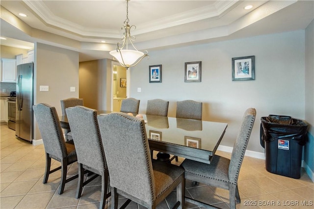 68 Lighthouse Rd Unit 906, Lake Ozark, MO 65049 - dining room with a raised ceiling, light tile patterned floors, crown molding, and recessed lighting