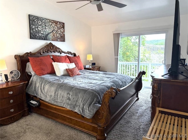 63 Rock Dove Ln, Camdenton, MO 65020 - carpeted bedroom with access to outside, ceiling fan, and lofted ceiling