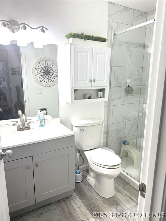 63 Rock Dove Ln, Camdenton, MO 65020 - full bathroom with a stall shower, vanity, and wood finished floors