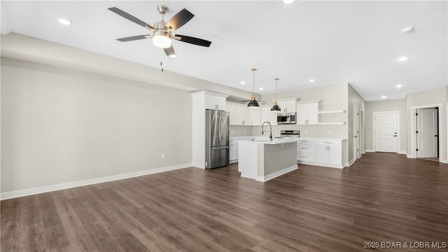 104 Sierra Bay Dr Unit 1C, Camdenton, MO 65020 - unfurnished living room with dark wood-style floors, a ceiling fan, and recessed lighting