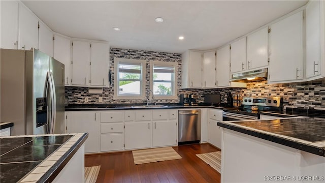 121 W 9th St, Eldon, MO 65026 - kitchen with appliances with stainless steel finishes, under cabinet range hood, white cabinets, decorative backsplash, and dark wood finished floors