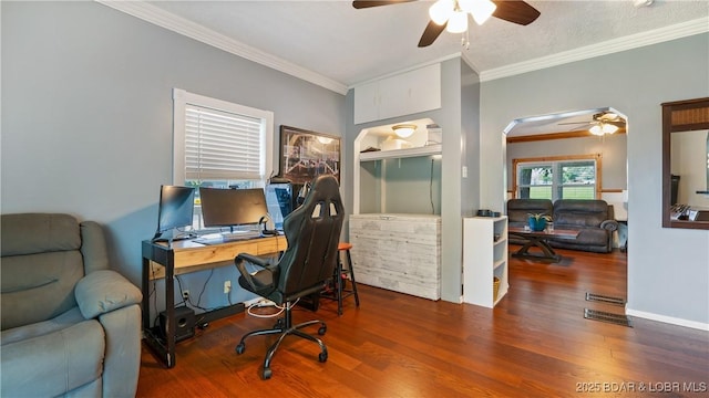 121 W 9th St, Eldon, MO 65026 - home office with ceiling fan, ornamental molding, and wood finished floors
