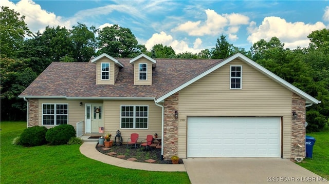 396 Elm Tree Ln, Camdenton, MO 65020 - view of front of property with stone siding, concrete driveway, a front lawn, and a shingled roof