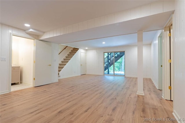 1408 Dogwood Ln, Osage Beach, MO 65065 - below grade area featuring stairs, light wood-style floors, and recessed lighting