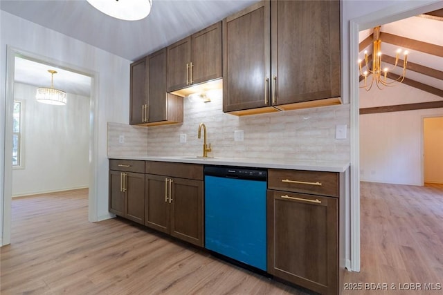 1408 Dogwood Ln, Osage Beach, MO 65065 - kitchen featuring dishwashing machine, a chandelier, light wood-style flooring, light countertops, and tasteful backsplash