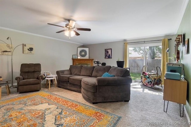 901 Larkin Dr, Eldon, MO 65026 - living room featuring carpet flooring, a ceiling fan, and crown molding