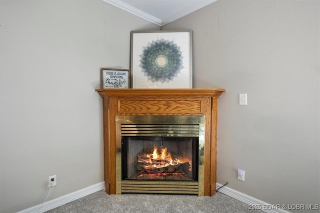 901 Larkin Dr, Eldon, MO 65026 - detailed view of carpet floors, ornamental molding, and a lit fireplace