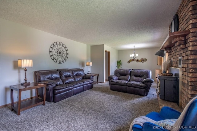278 Panoramic Dr, Camdenton, MO 65020 - living area with carpet floors, a chandelier, a textured ceiling, and a fireplace
