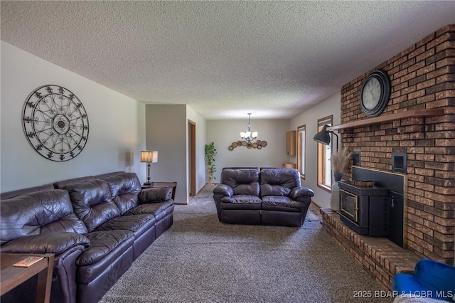 278 Panoramic Dr, Camdenton, MO 65020 - living room with a chandelier, carpet, a textured ceiling, and a wood stove