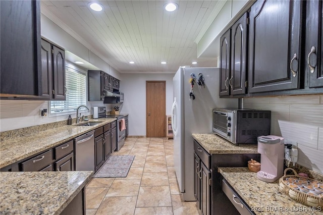 278 Panoramic Dr, Camdenton, MO 65020 - kitchen with appliances with stainless steel finishes, recessed lighting, under cabinet range hood, light stone countertops, and wood ceiling
