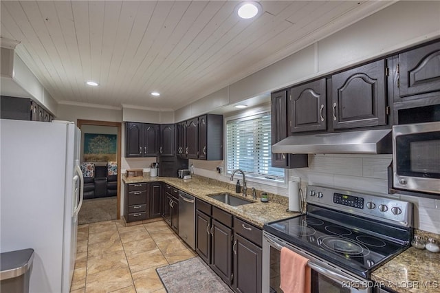 278 Panoramic Dr, Camdenton, MO 65020 - kitchen featuring appliances with stainless steel finishes, under cabinet range hood, ornamental molding, light stone counters, and recessed lighting