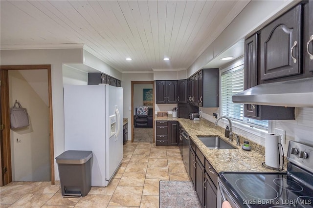 278 Panoramic Dr, Camdenton, MO 65020 - kitchen featuring appliances with stainless steel finishes, ornamental molding, dark brown cabinets, light stone counters, and recessed lighting