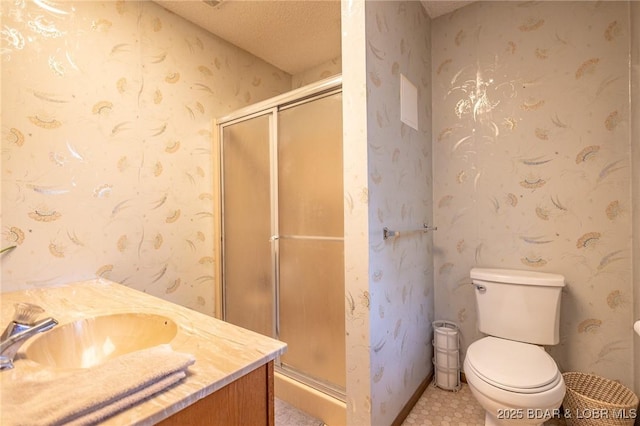278 Panoramic Dr, Camdenton, MO 65020 - bathroom with vanity, a shower stall, and a textured ceiling