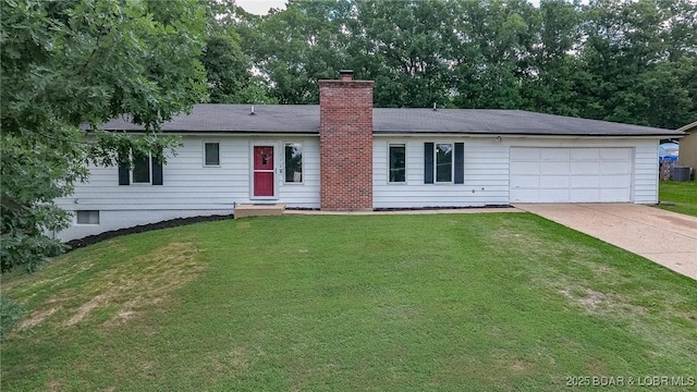 278 Panoramic Dr, Camdenton, MO 65020 - ranch-style house with a chimney, an attached garage, concrete driveway, and a front lawn