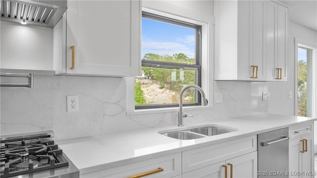 4452 Hamrock Ln, Osage Beach, MO 65065 - kitchen with white cabinets, extractor fan, tasteful backsplash, and stainless steel appliances