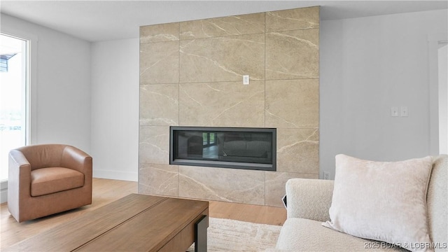 4452 Hamrock Ln, Osage Beach, MO 65065 - living area featuring wood finished floors and a tiled fireplace