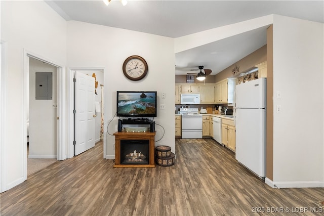 40 Lighthouse Rd Unit 2-301, Lake Ozark, MO 65049 - kitchen with white appliances, electric panel, dark wood-style floors, light countertops, and ceiling fan